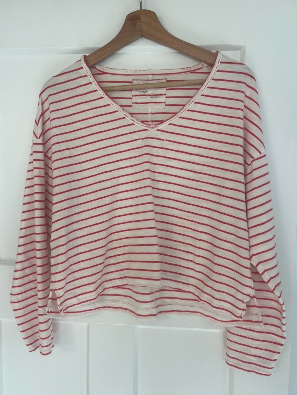 Aerie Cotton White and Pink Striped V-Neck Long Sleeve Top (Size XS)